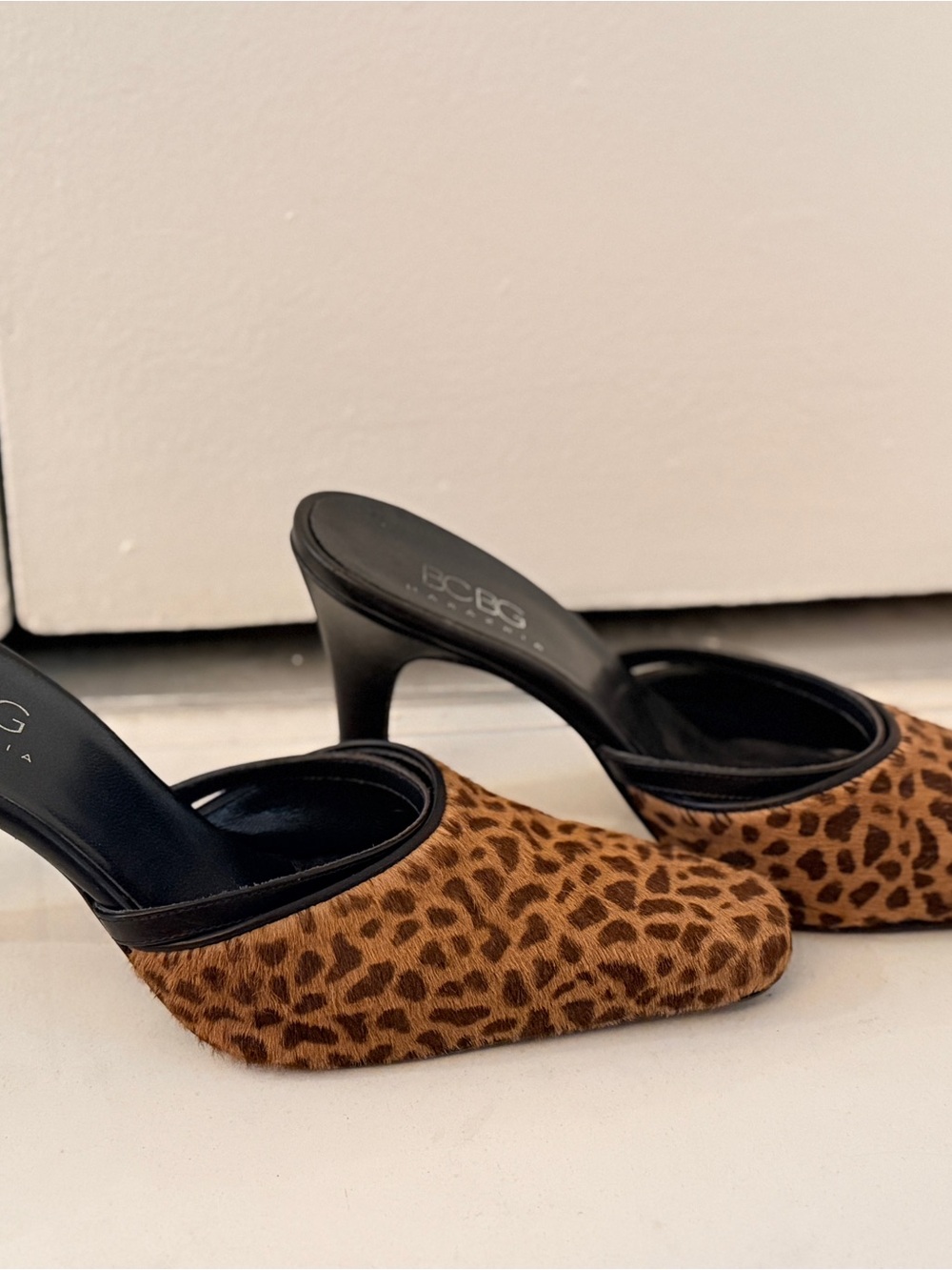 BCBGMaxAzria Leopard Print Slip-On Mule Heels in Brown and Black